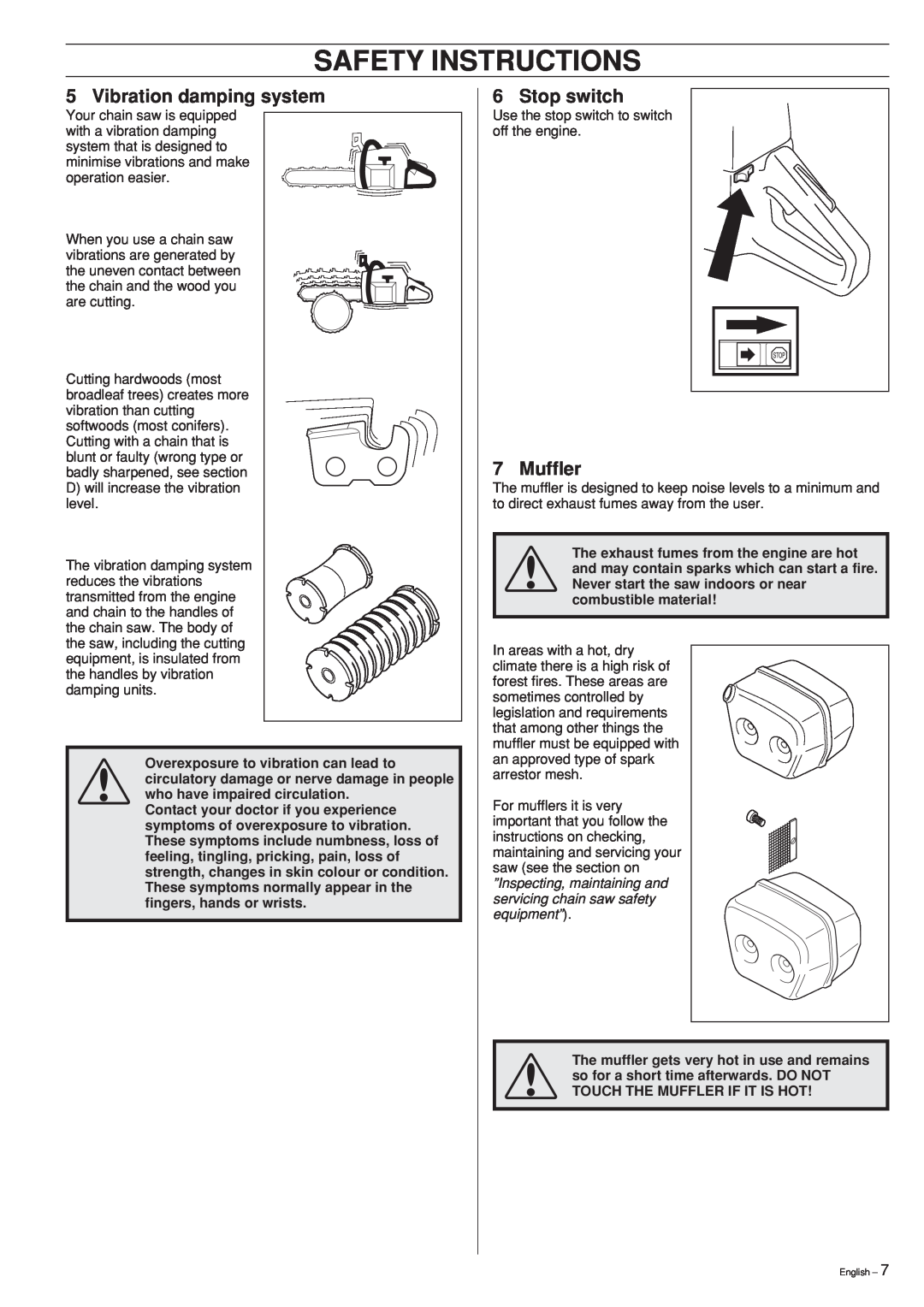 Husqvarna 55 manual Safety Instructions, Vibration damping system, Stop switch, Muffler 