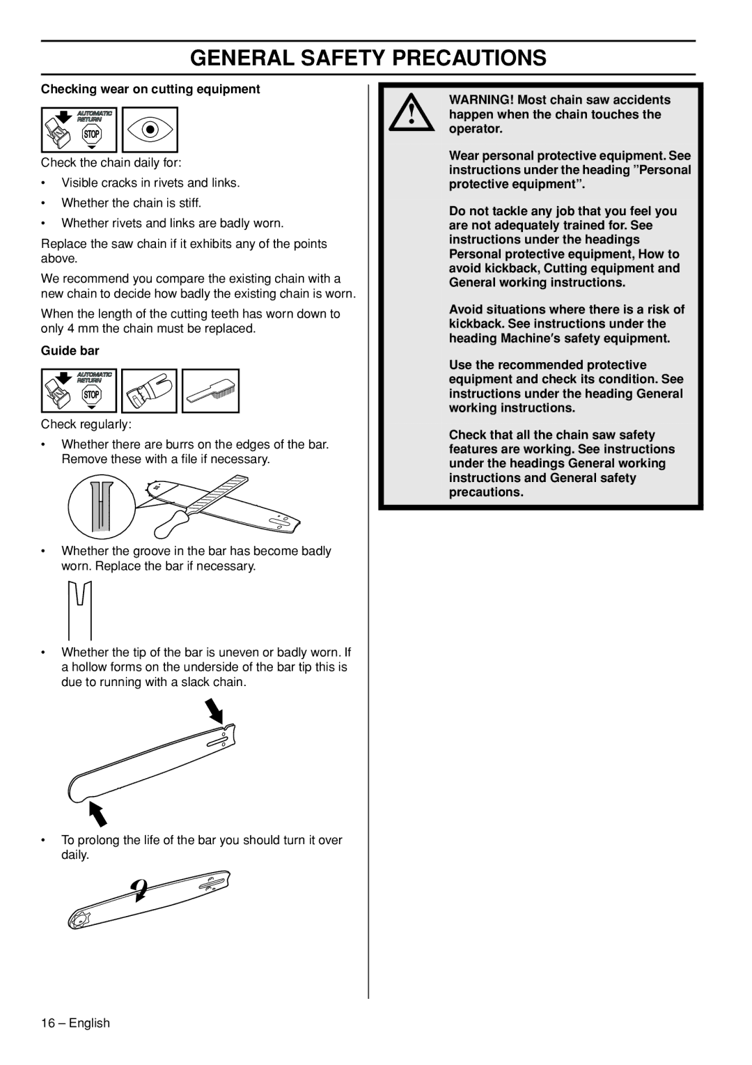 Husqvarna 550XPG, 545 manual Checking wear on cutting equipment, Guide bar 