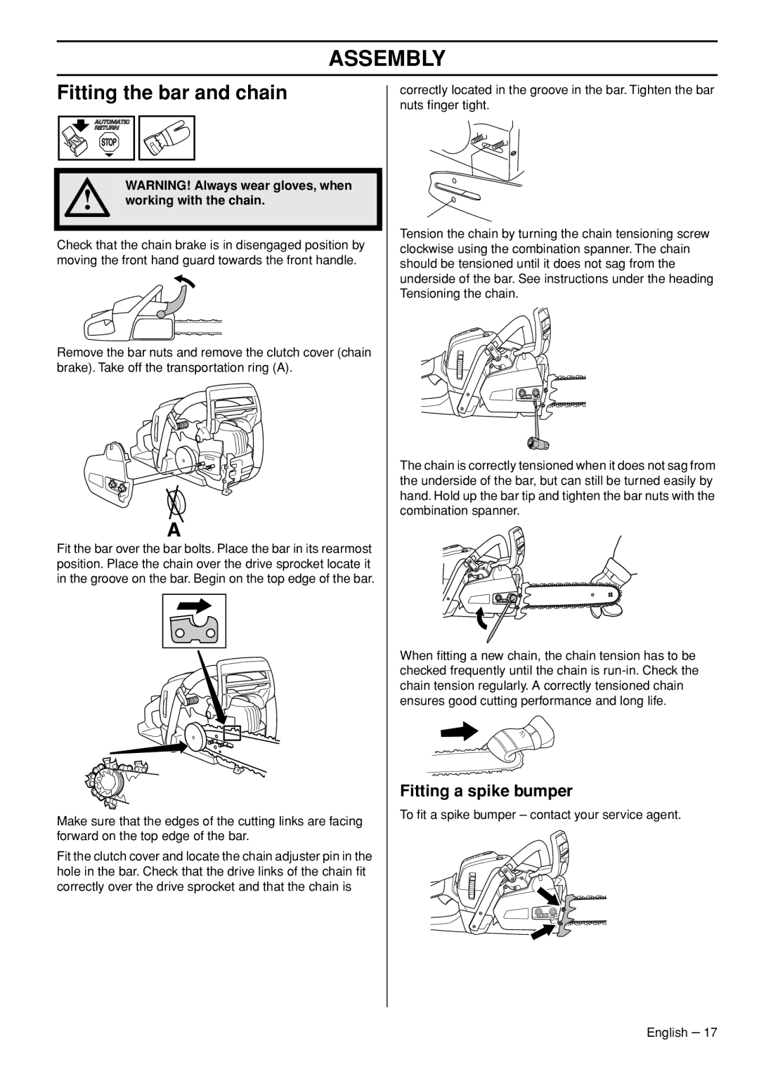 Husqvarna 545, 550XPG manual Assembly, Fitting the bar and chain, Fitting a spike bumper, Working with the chain 