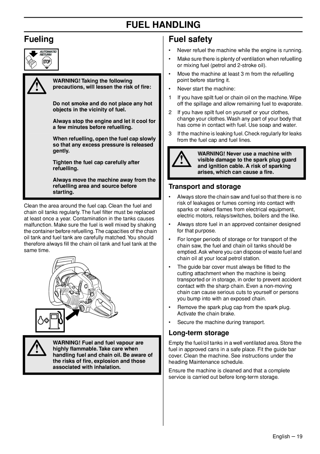 Husqvarna 550XPG, 545 manual Fueling, Fuel safety, Transport and storage, Long-term storage 