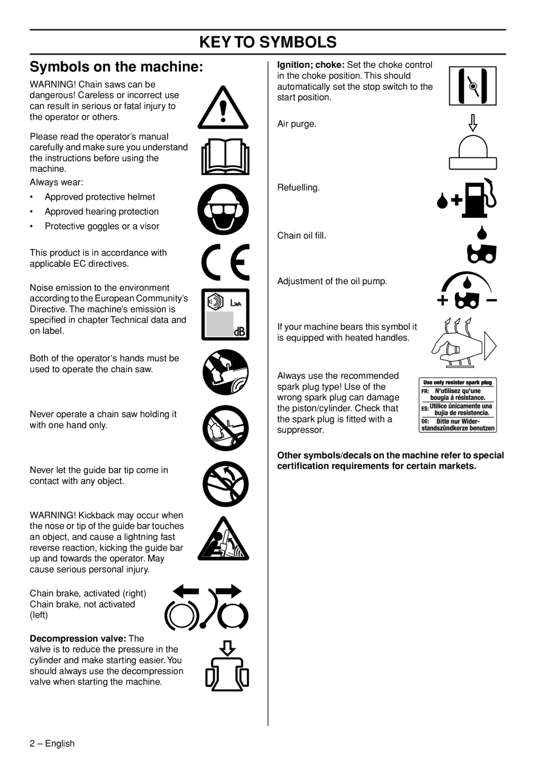 Husqvarna 545, 550XPG manual KEY to Symbols, Symbols on the machine, Decompression valve 