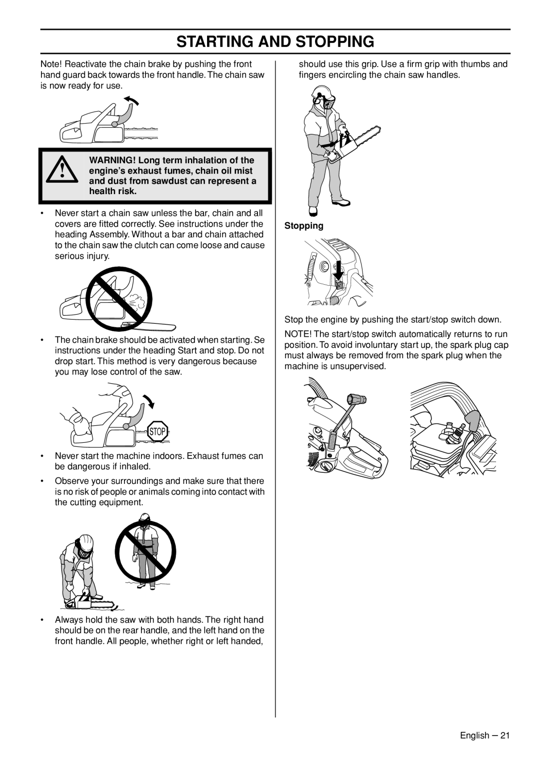 Husqvarna 550XPG, 545 manual Health risk, Stopping 