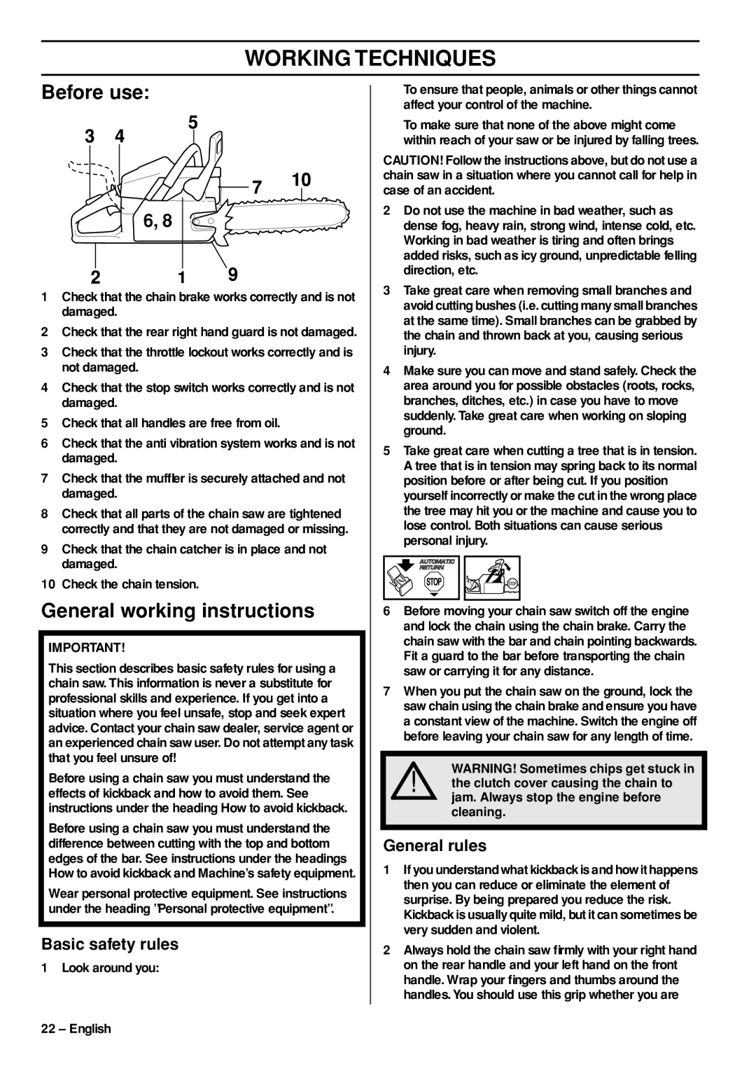 Husqvarna 550XPG, 545 manual Working Techniques, Before use, General working instructions, Basic safety rules 