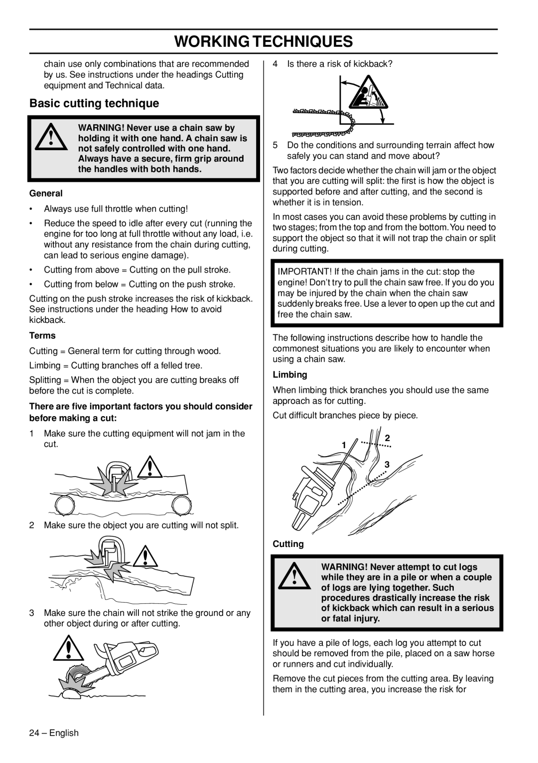 Husqvarna 550XPG, 545 manual Basic cutting technique, Terms, Limbing 