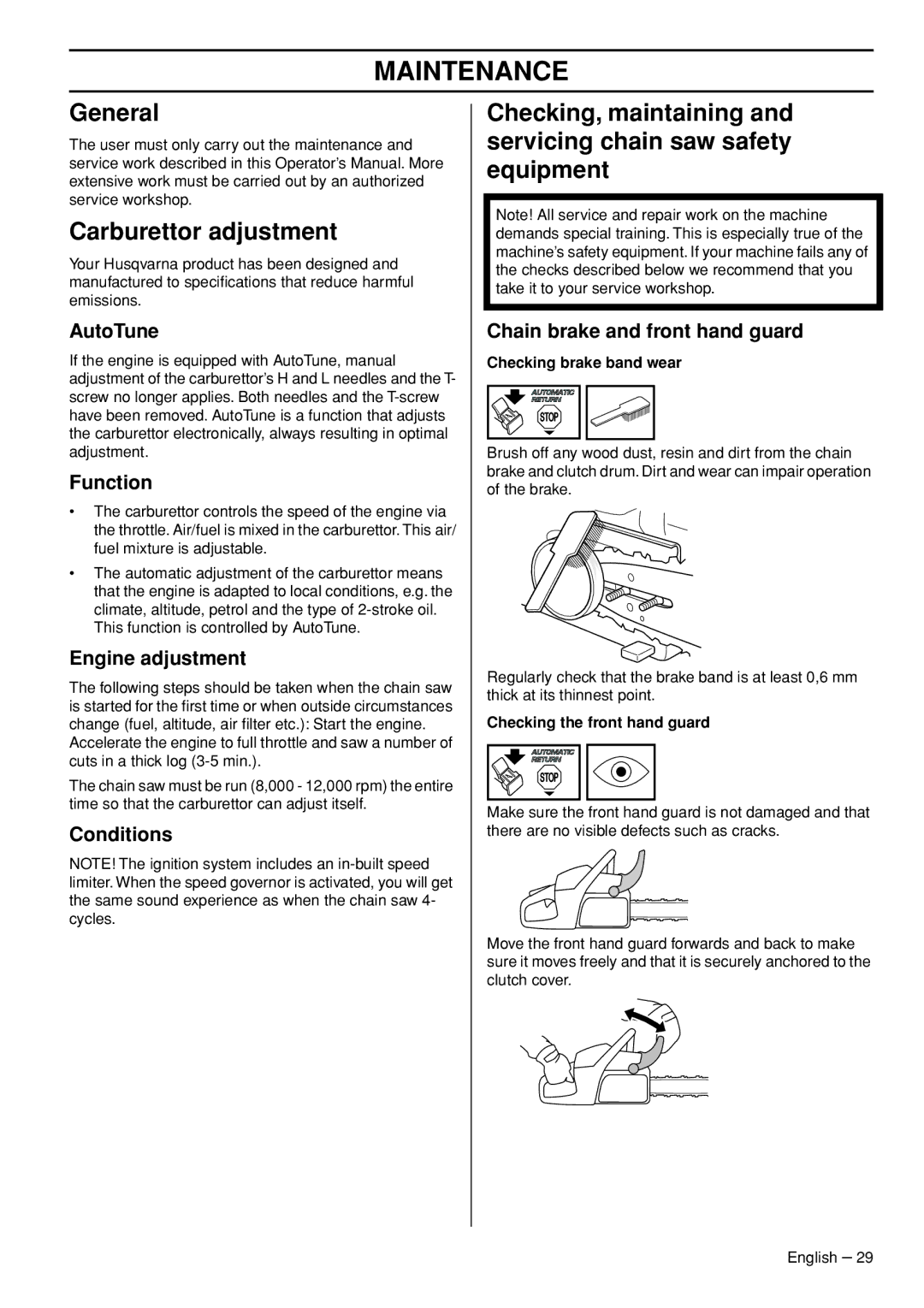 Husqvarna 545, 550XPG manual Maintenance, General, Carburettor adjustment 