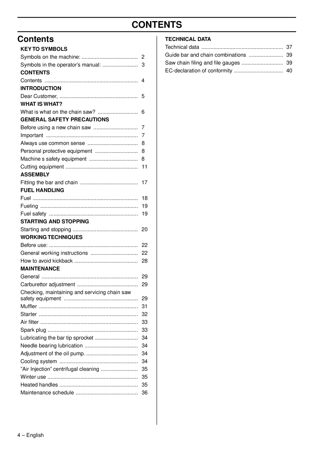 Husqvarna 550XPG, 545 manual Contents 