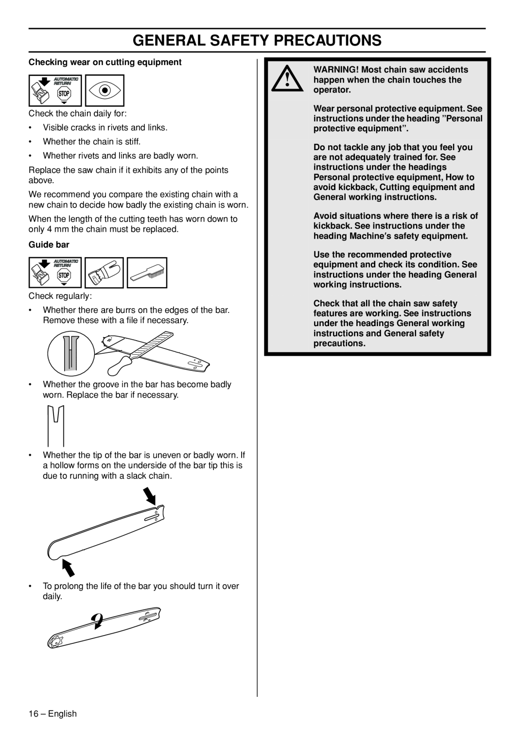 Husqvarna 550XPG, 545 manual General Safety Precautions, Checking wear on cutting equipment 