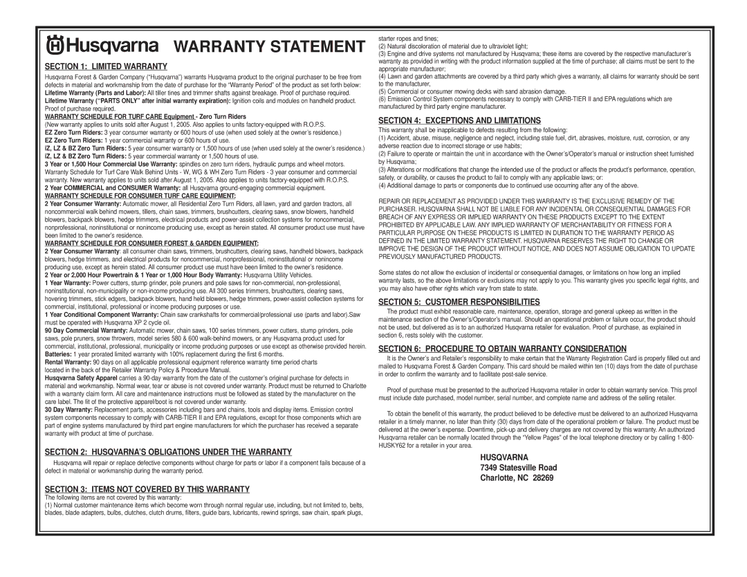 Husqvarna 5521 CHV 96143000106 manual Warranty Statement 