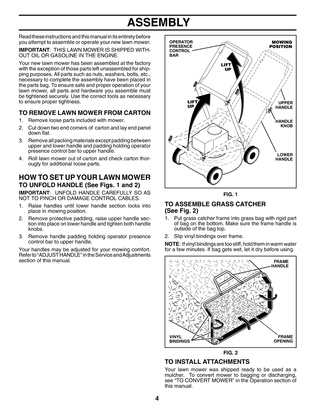 Husqvarna 5521 CHV 96143000106 manual Assembly, HOW to SET UP Your Lawn Mower, To Remove Lawn Mower from Carton 