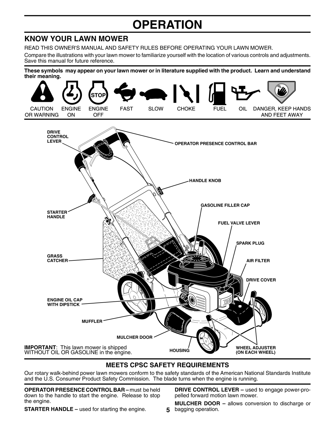 Husqvarna 5521 CHV 96143000106 manual Operation, Know Your Lawn Mower, Meets Cpsc Safety Requirements 