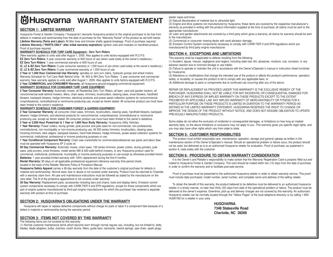 Husqvarna 5521 CHV 96143000106 manual Warranty Statement, Limited Warranty, Items Not Covered By This Warranty 