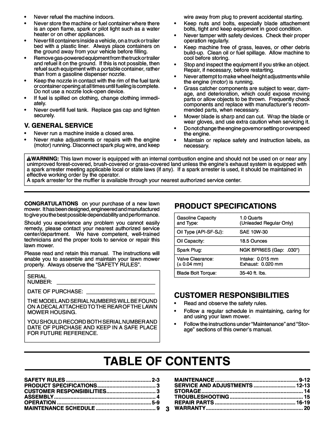 Husqvarna 5521 CHV 96143000106 Table Of Contents, Product Specifications, Customer Responsibilities, V. General Service 