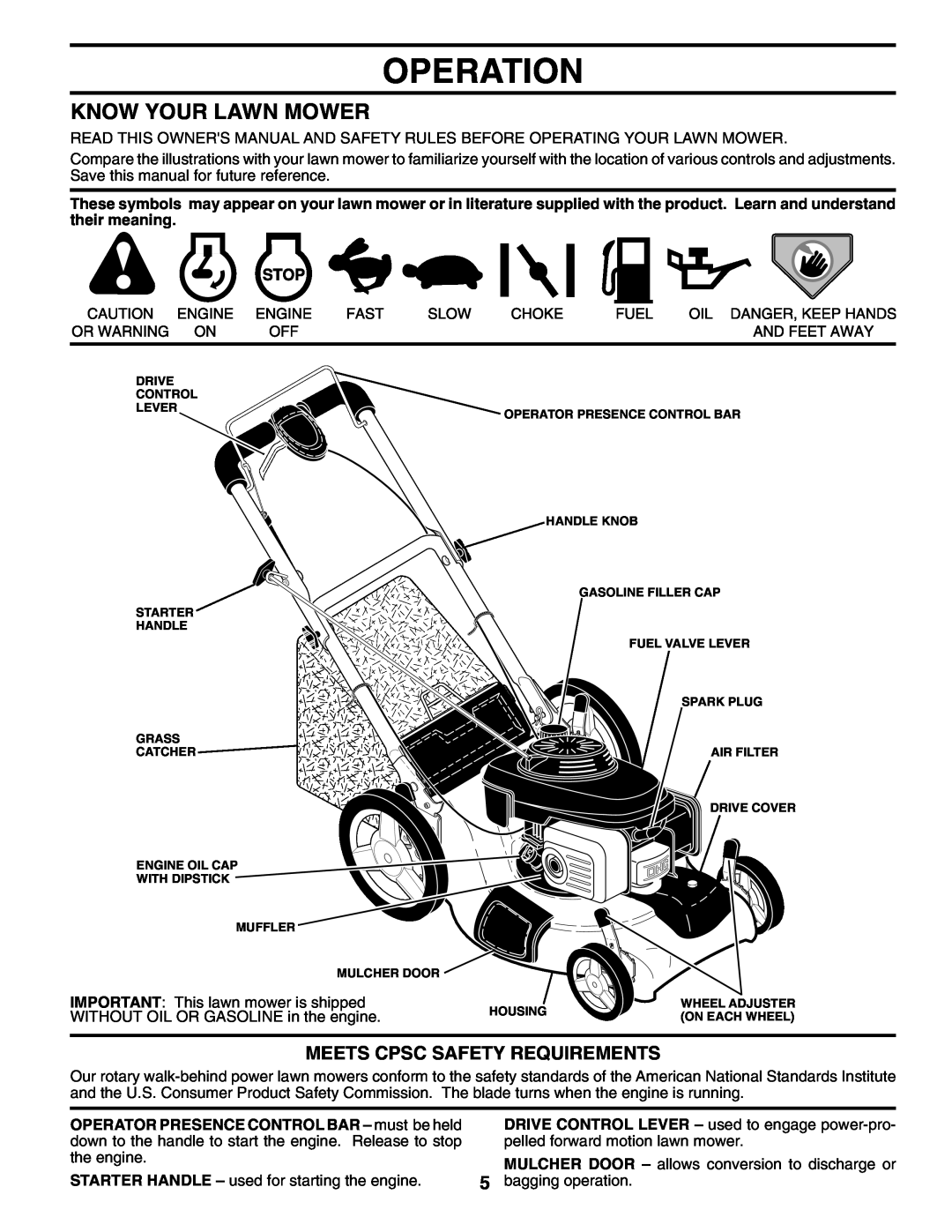 Husqvarna 5521 CHV 96143000106 manual Operation, Know Your Lawn Mower, Meets Cpsc Safety Requirements 
