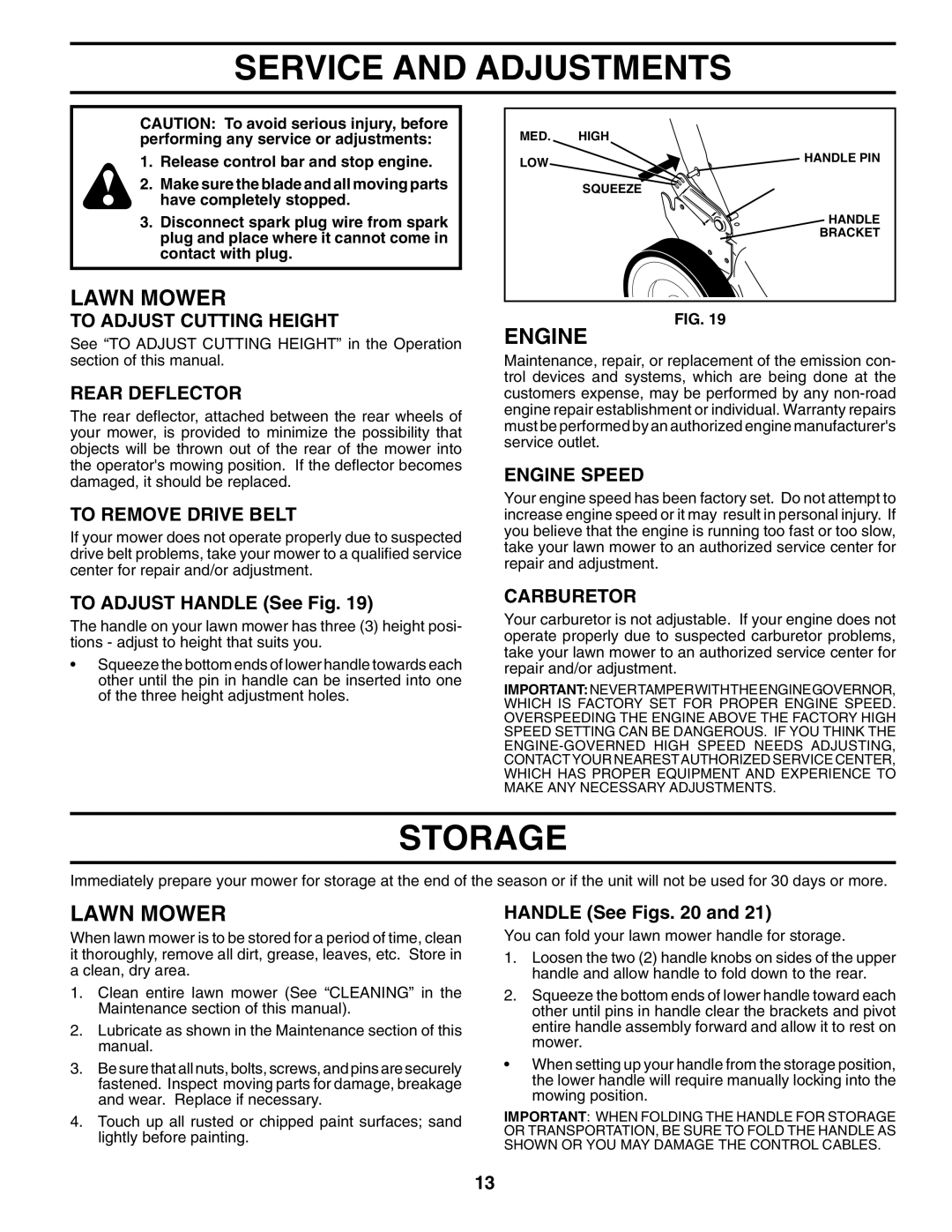 Husqvarna 5521BBC owner manual Service and Adjustments, Storage 