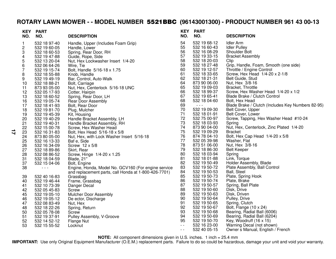 Husqvarna 5521BBC owner manual KEY Part Description 