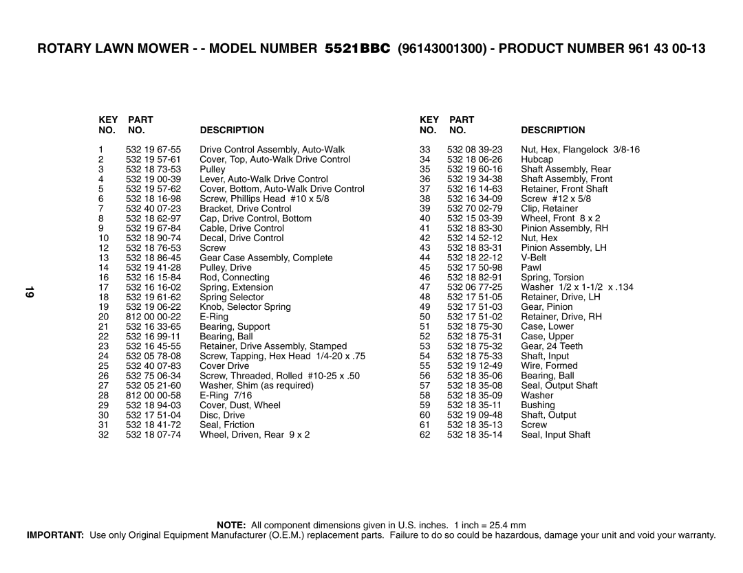 Husqvarna 5521BBC owner manual KEY Part Description 