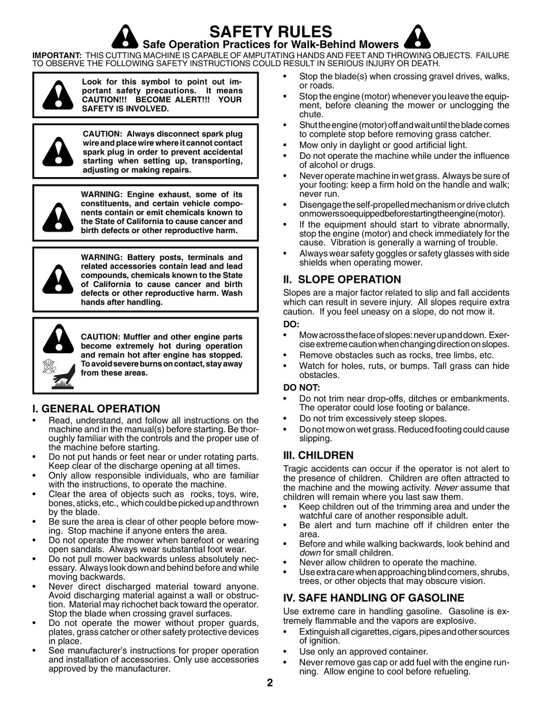 Husqvarna 5521BBC Safe Operation Practices for Walk-Behind Mowers, General Operation, II. Slope Operation, III. Children 