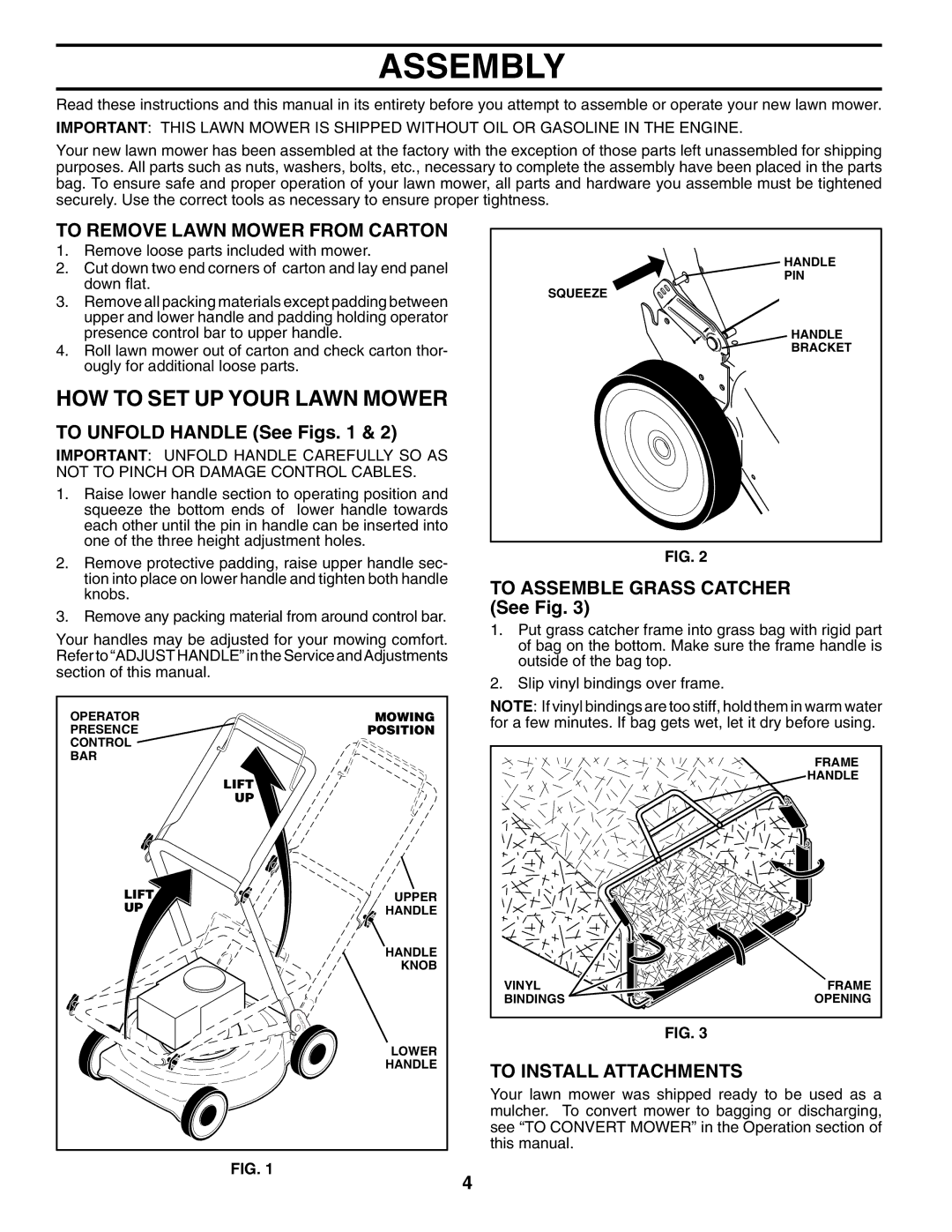 Husqvarna 5521BBC Assembly, HOW to SET UP Your Lawn Mower, To Remove Lawn Mower from Carton, To Install Attachments 