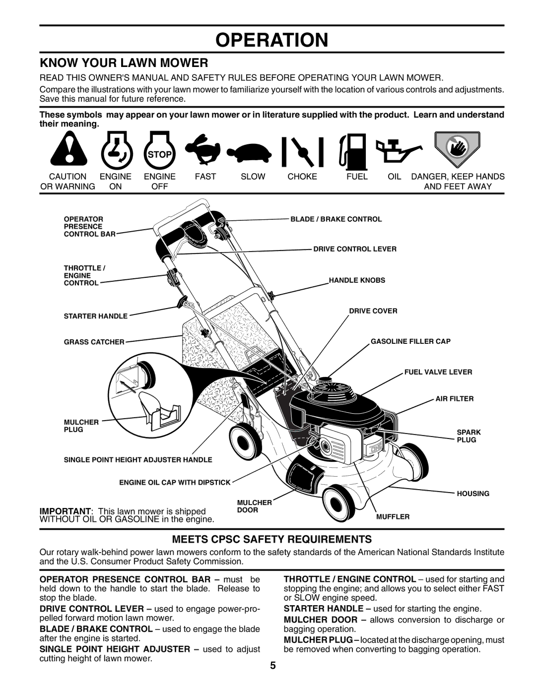 Husqvarna 5521BBC owner manual Operation, Know Your Lawn Mower, Meets Cpsc Safety Requirements 