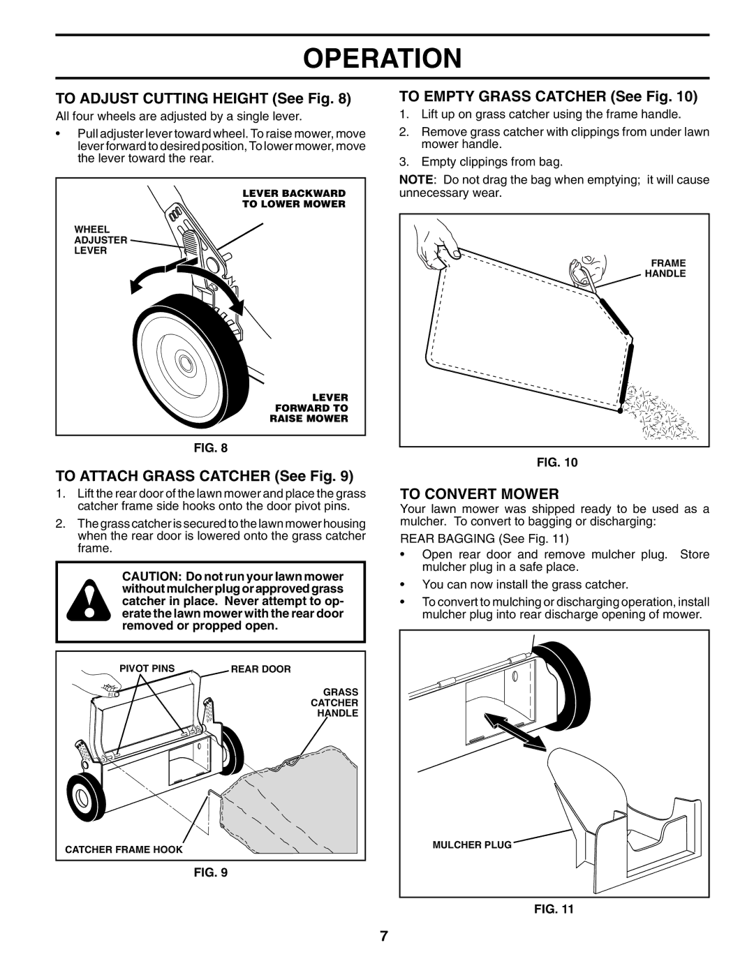 Husqvarna 5521BBC To Adjust Cutting Height See Fig, To Attach Grass Catcher See Fig, To Empty Grass Catcher See Fig 