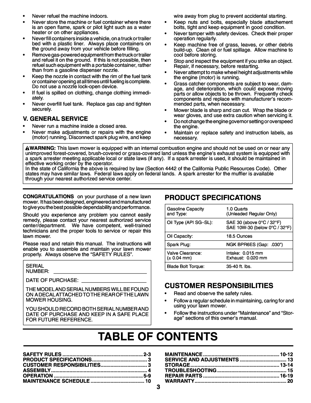Husqvarna 5521BBC Table Of Contents, Product Specifications, Customer Responsibilities, V. General Service, 10-12, 13-14 