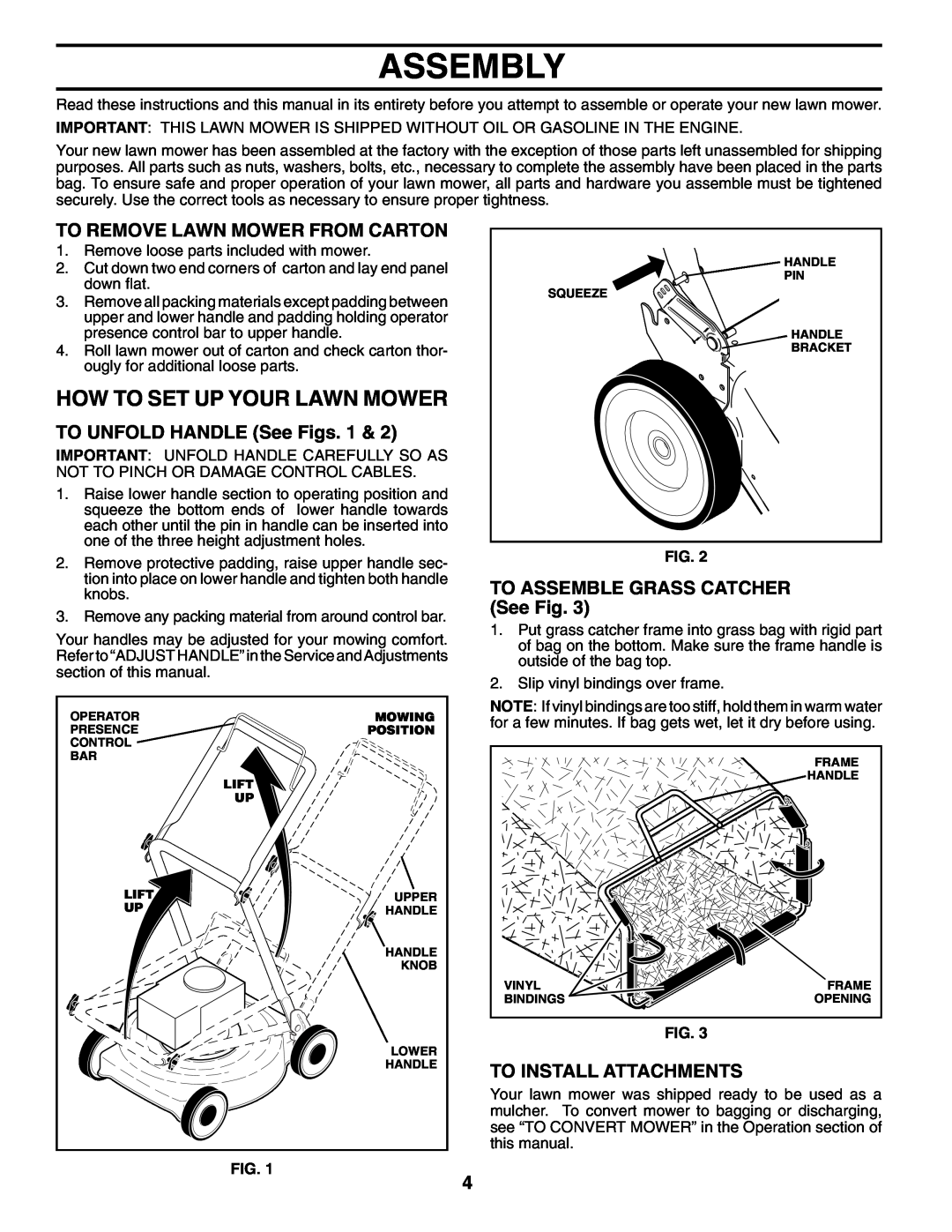 Husqvarna 5521BBC Assembly, How To Set Up Your Lawn Mower, To Remove Lawn Mower From Carton, TO UNFOLD HANDLE See Figs 