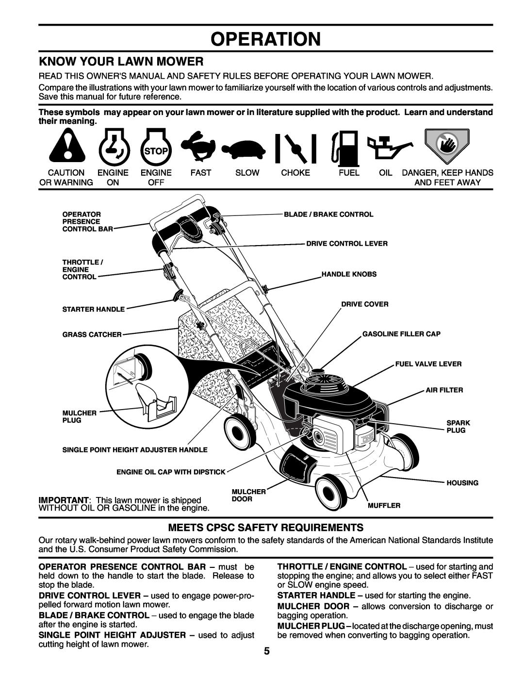 Husqvarna 5521BBC owner manual Operation, Know Your Lawn Mower, Meets Cpsc Safety Requirements 