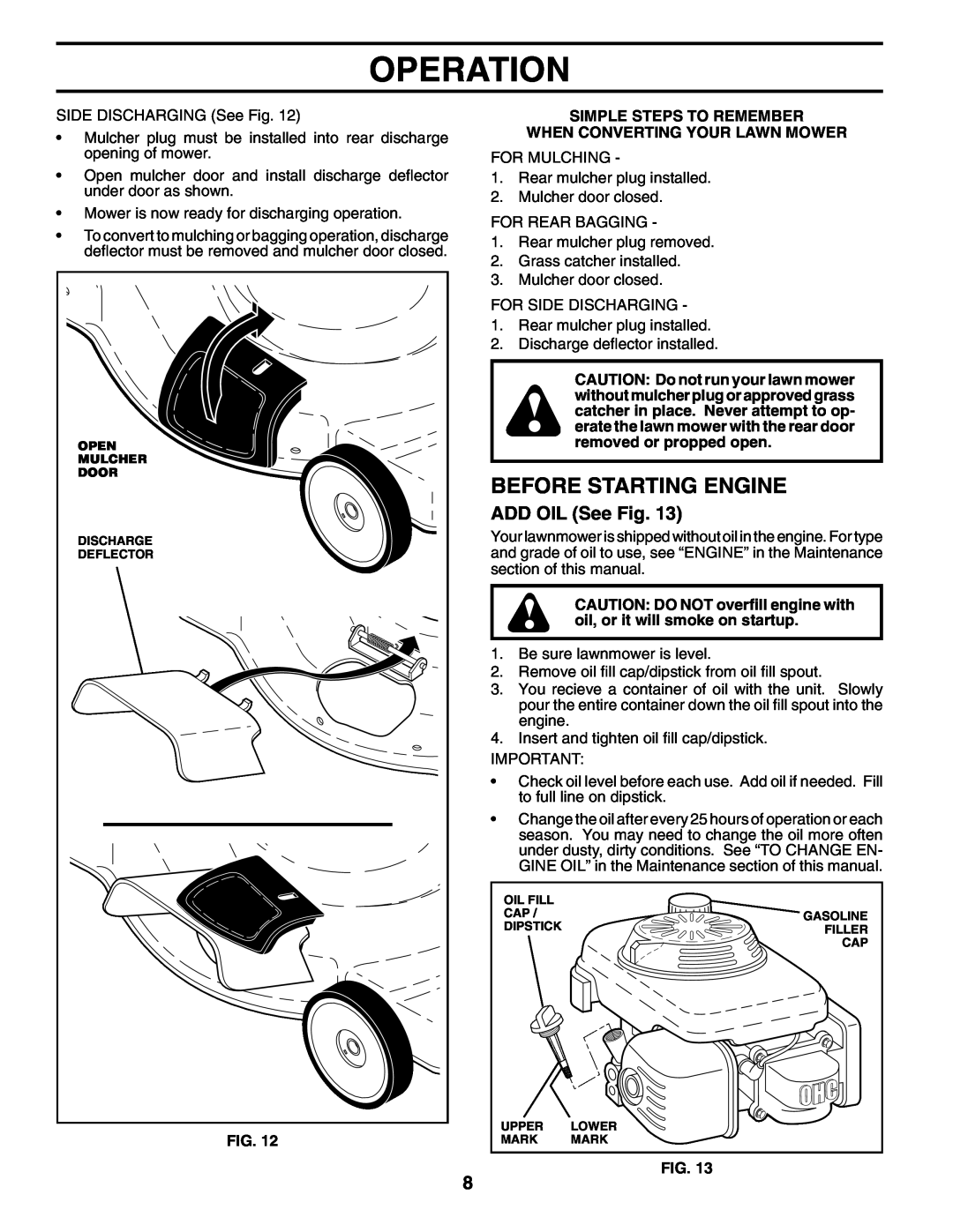 Husqvarna 5521BBC Before Starting Engine, ADD OIL See Fig, Simple Steps To Remember When Converting Your Lawn Mower 