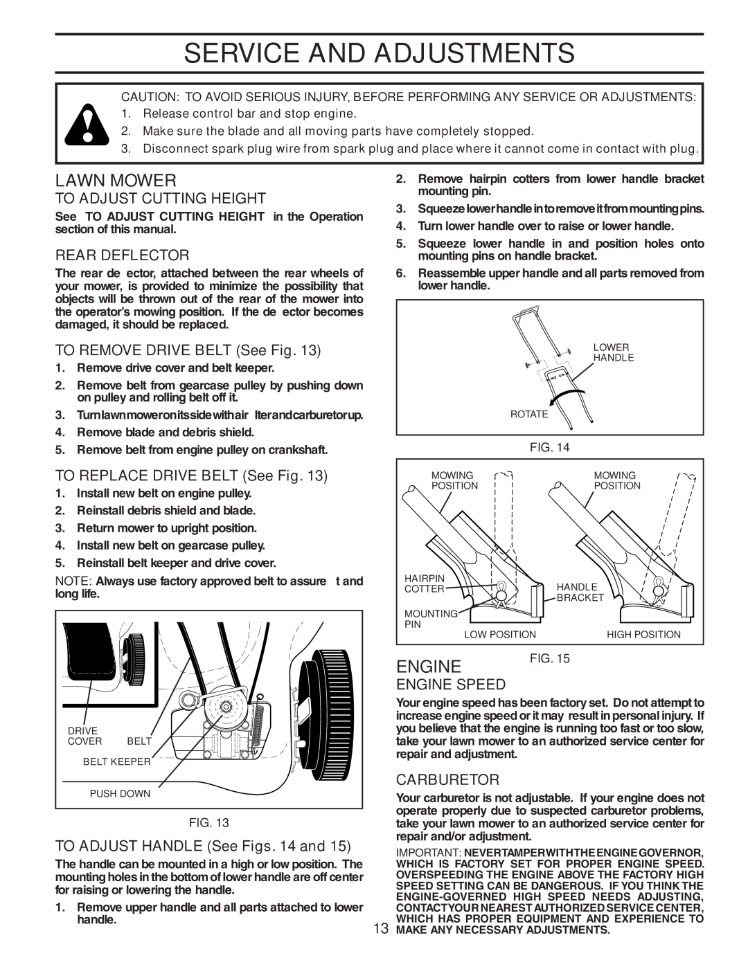 Husqvarna 5521CH owner manual Service and Adjustments, To Adjust Cutting Height, Rear Deflector, Carburetor 