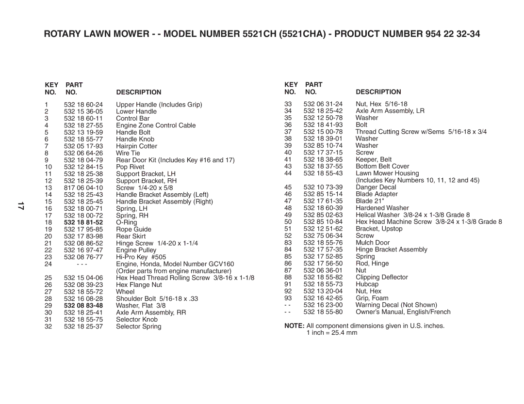 Husqvarna 5521CH owner manual KEY Part Description 