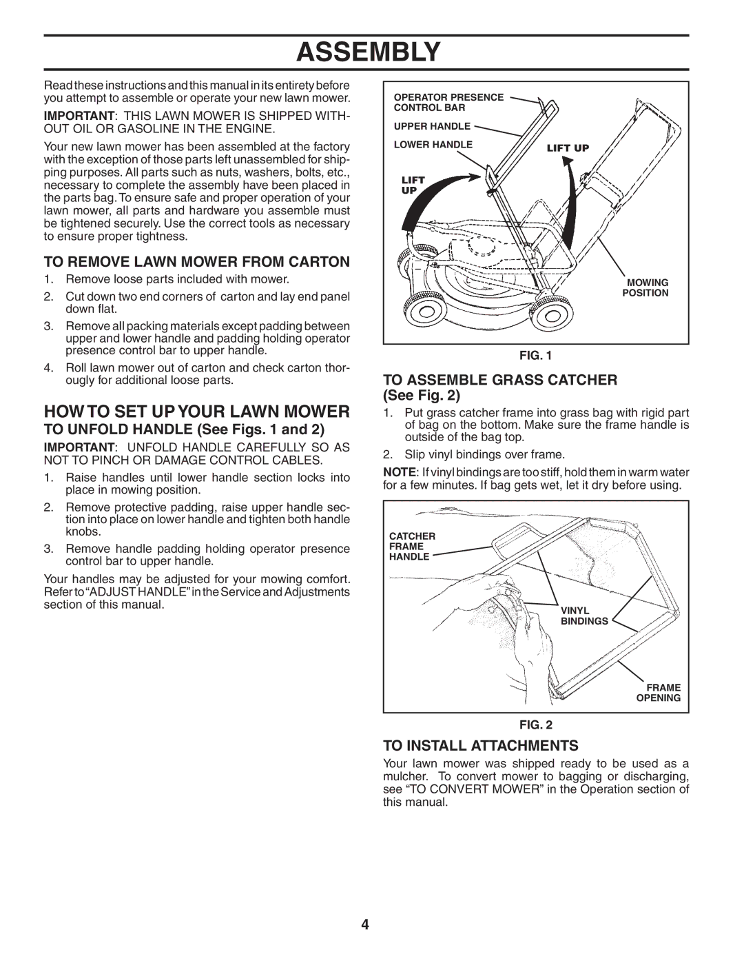 Husqvarna 5521CH Assembly, HOW to SET UP Your Lawn Mower, To Remove Lawn Mower from Carton, To Install Attachments 