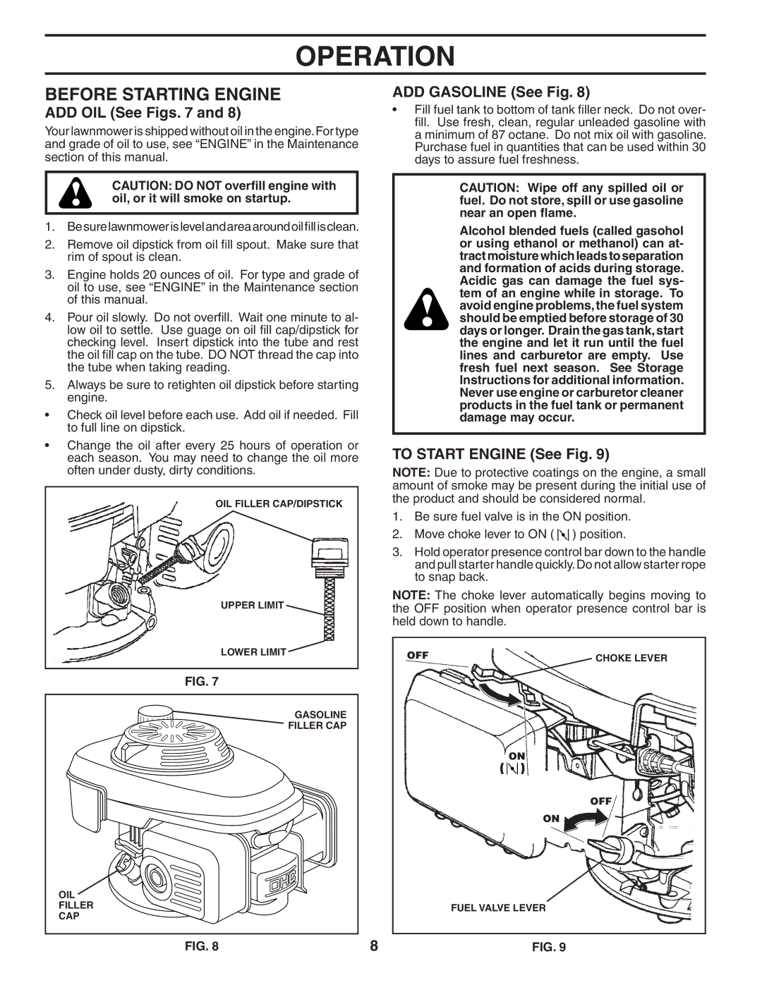 Husqvarna 5521CH owner manual Before Starting Engine, ADD OIL See Figs, ADD Gasoline See Fig, To Start Engine See Fig 