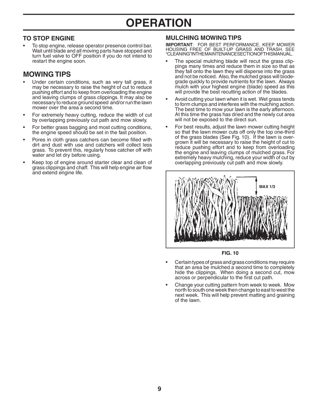 Husqvarna 5521CH owner manual To Stop Engine, Mulching Mowing Tips 