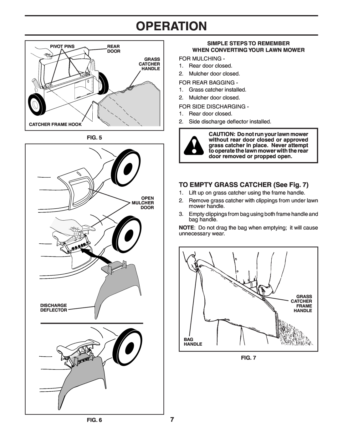 Husqvarna 5521CH TO EMPTY GRASS CATCHER See Fig, Simple Steps To Remember When Converting Your Lawn Mower, Operation 