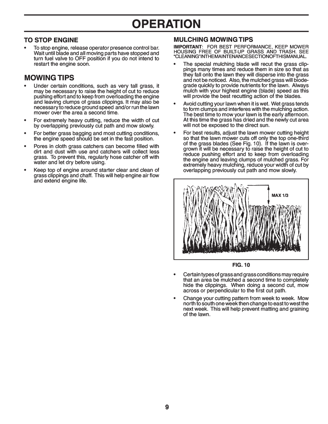 Husqvarna 5521CH owner manual To Stop Engine, Mulching Mowing Tips, Operation 