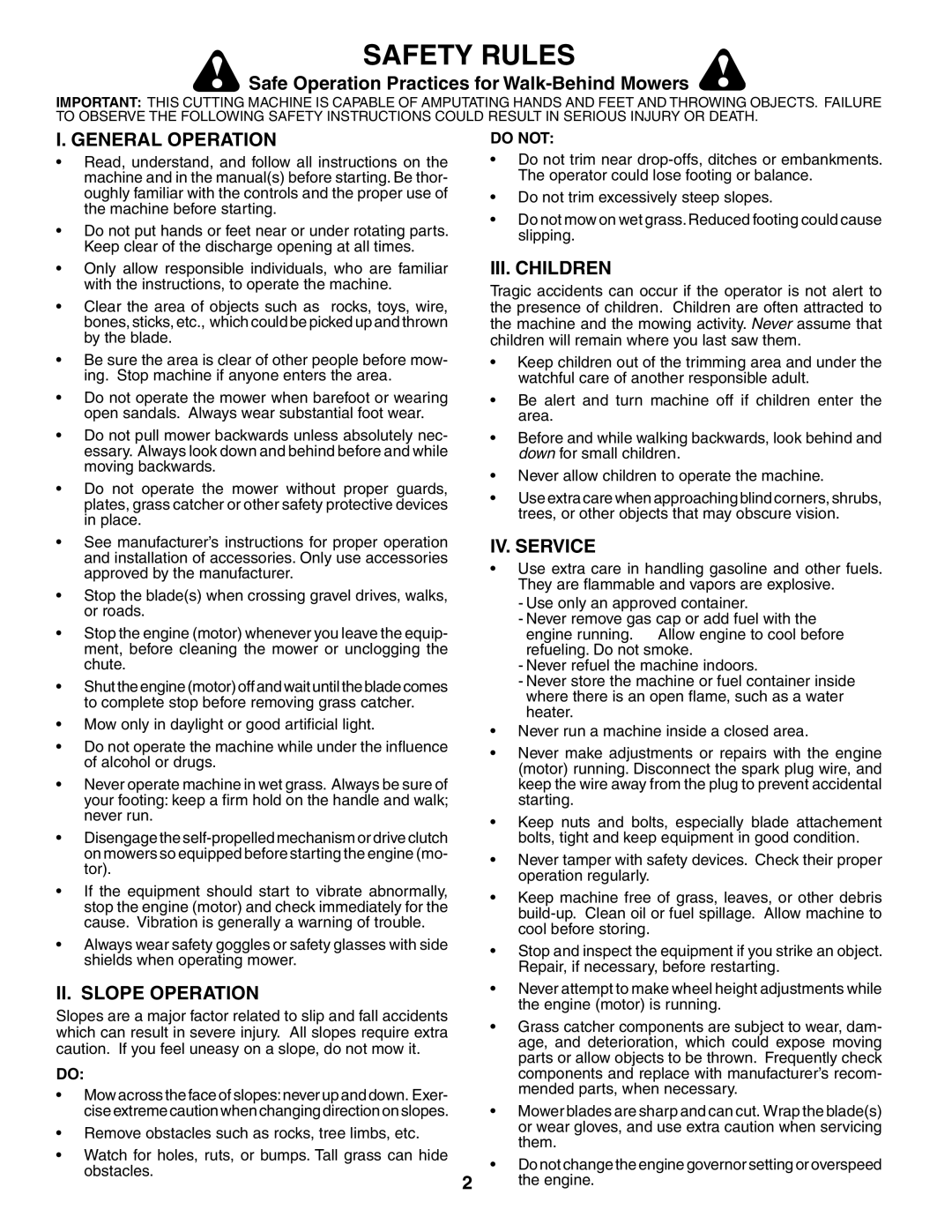 Husqvarna 5521CHV Safe Operation Practices for Walk-Behind Mowers, General Operation, III. Children, IV. Service 