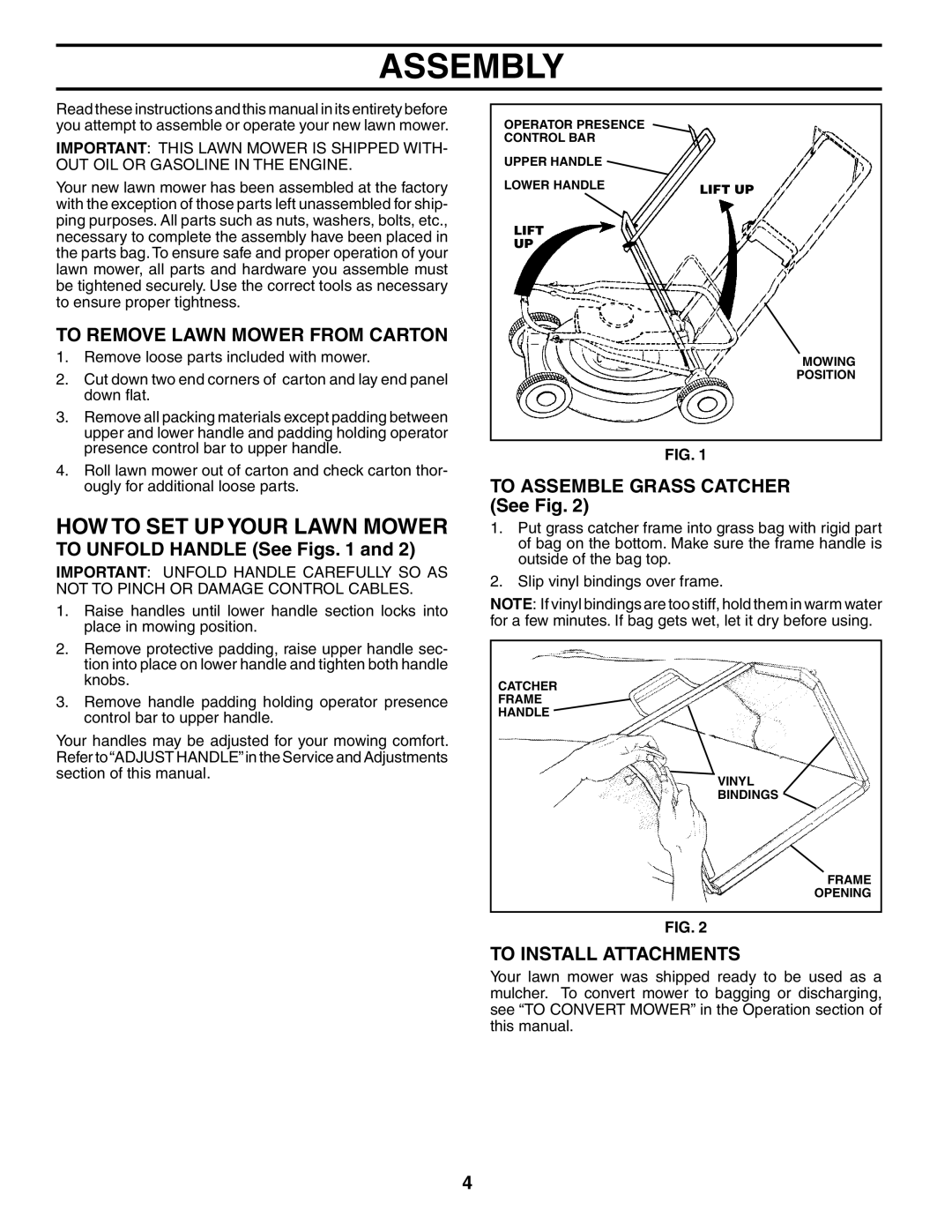 Husqvarna 5521CHV Assembly, HOW to SET UP Your Lawn Mower, To Remove Lawn Mower from Carton, To Install Attachments 