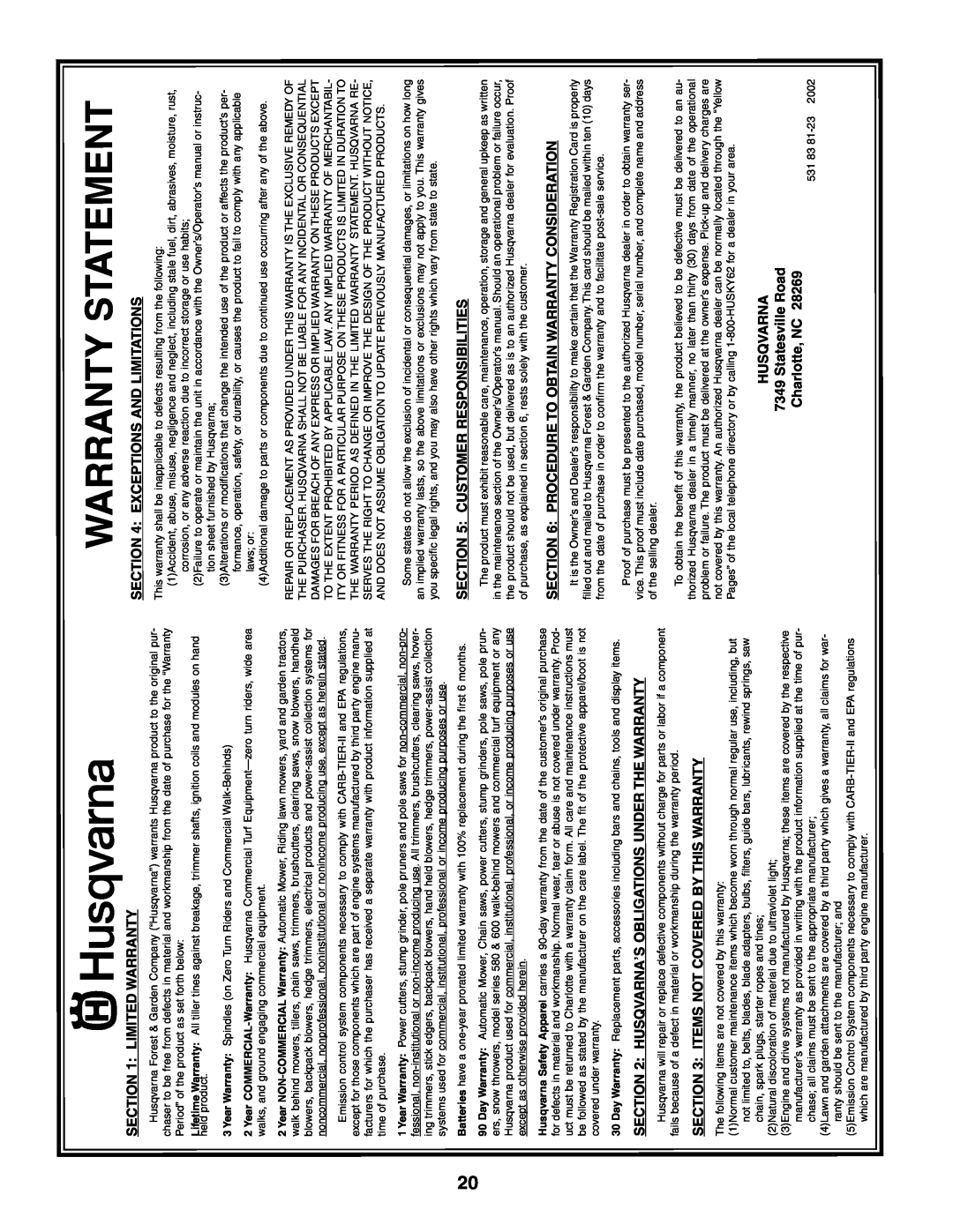 Husqvarna 5521CHV owner manual Statementwarranty, 2002 