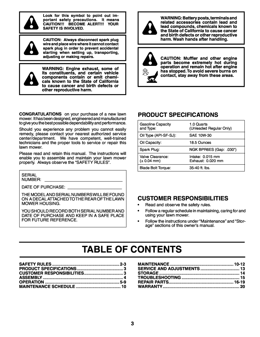 Husqvarna 5521CHV owner manual Table Of Contents, Product Specifications, Customer Responsibilities, 10-12, 16-19 