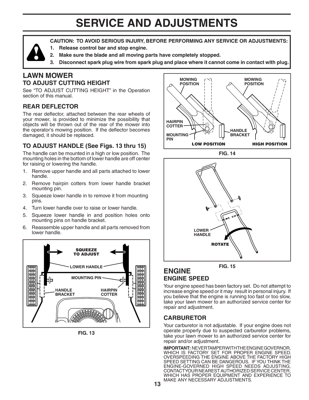 Husqvarna 5521CM Service and Adjustments, To Adjust Cutting Height, Rear Deflector, To Adjust Handle See Figs thru 