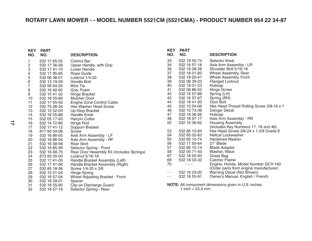 Husqvarna 5521CM owner manual KEY Part Description 