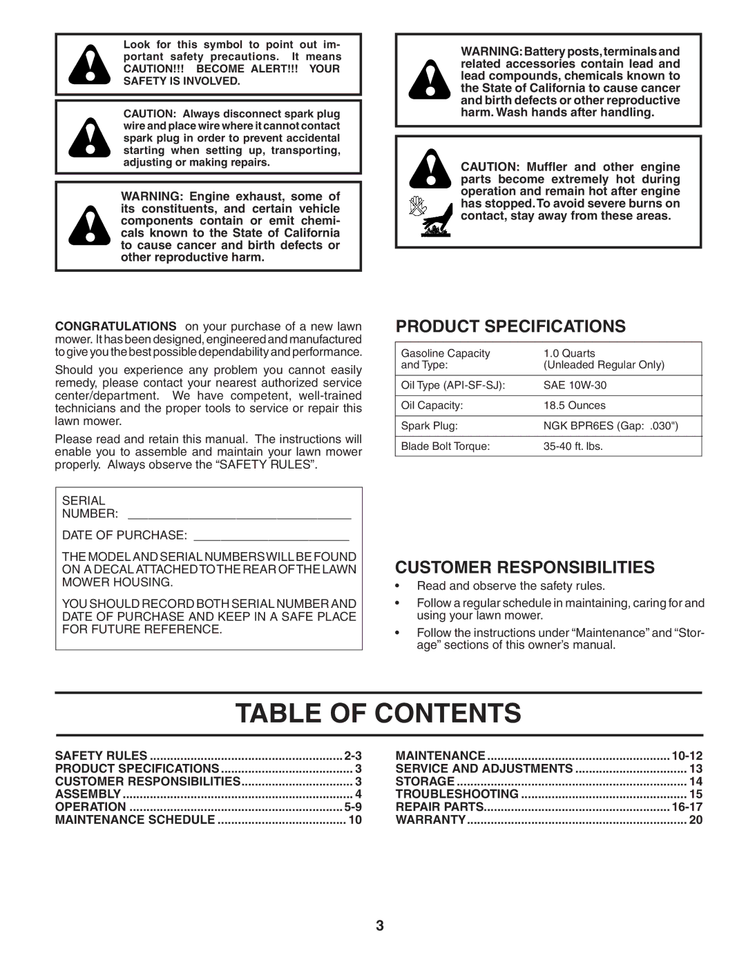 Husqvarna 5521CM owner manual Table of Contents 