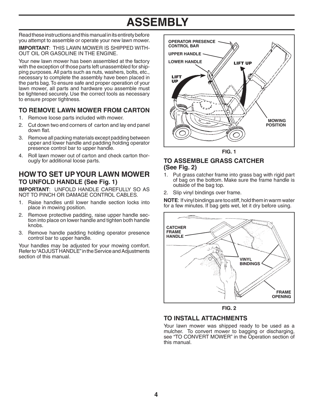 Husqvarna 5521CM Assembly, HOW to SET UP Your Lawn Mower, To Remove Lawn Mower from Carton, To Install Attachments 