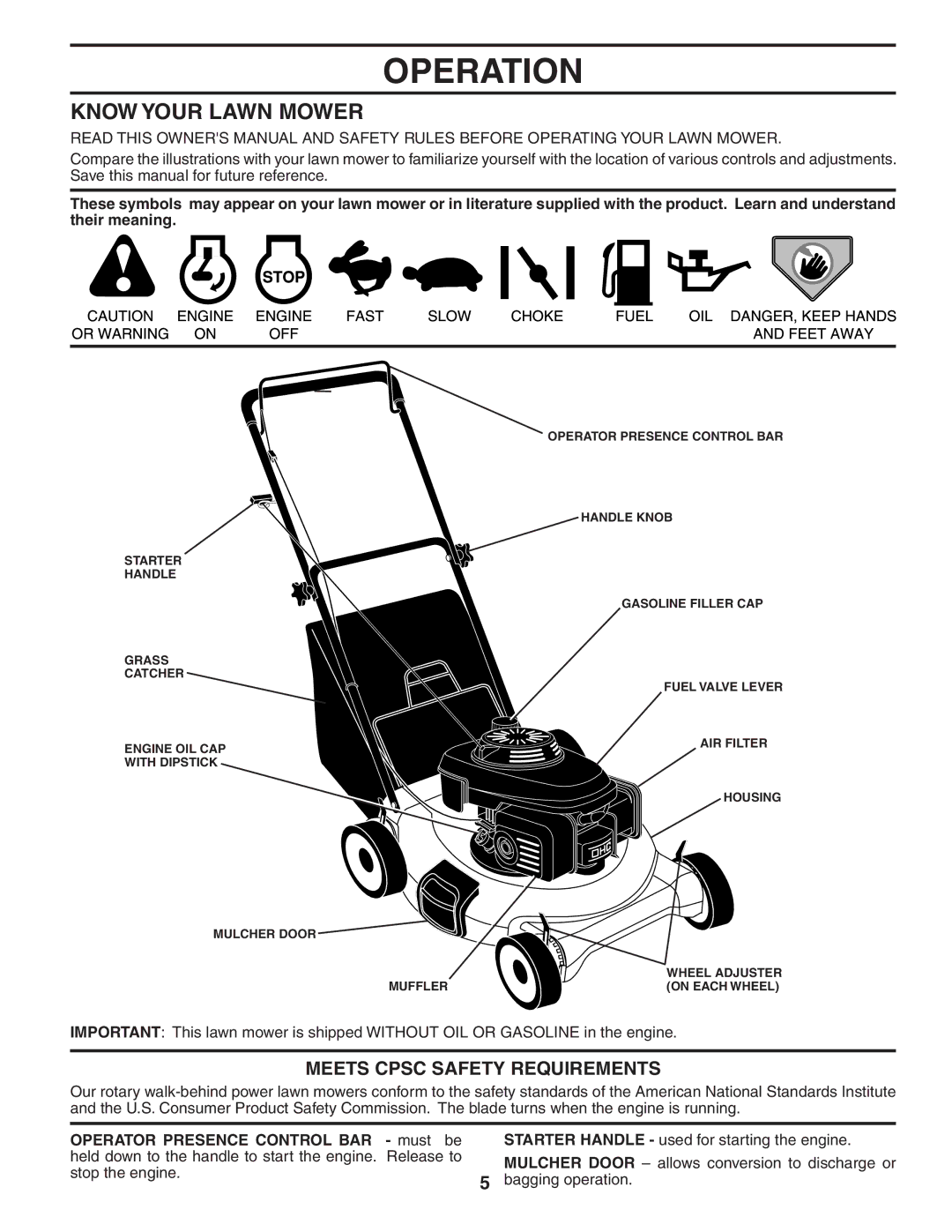 Husqvarna 5521CM owner manual Operation, Know Your Lawn Mower, Meets Cpsc Safety Requirements 