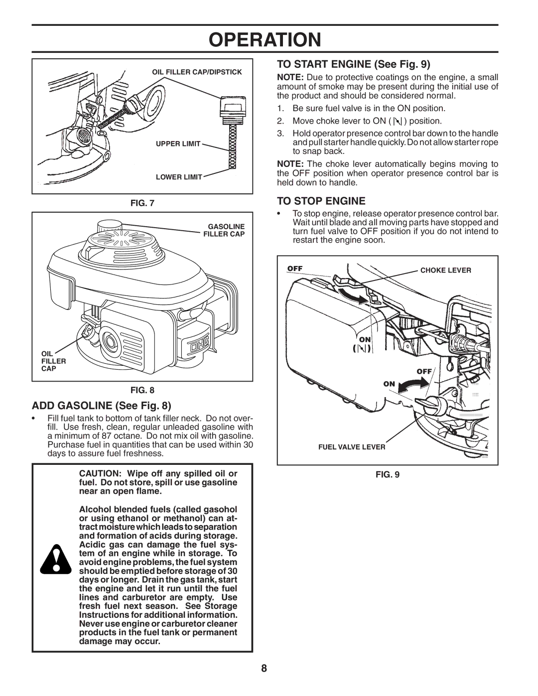 Husqvarna 5521CM owner manual ADD Gasoline See Fig, To Start Engine See Fig, To Stop Engine 