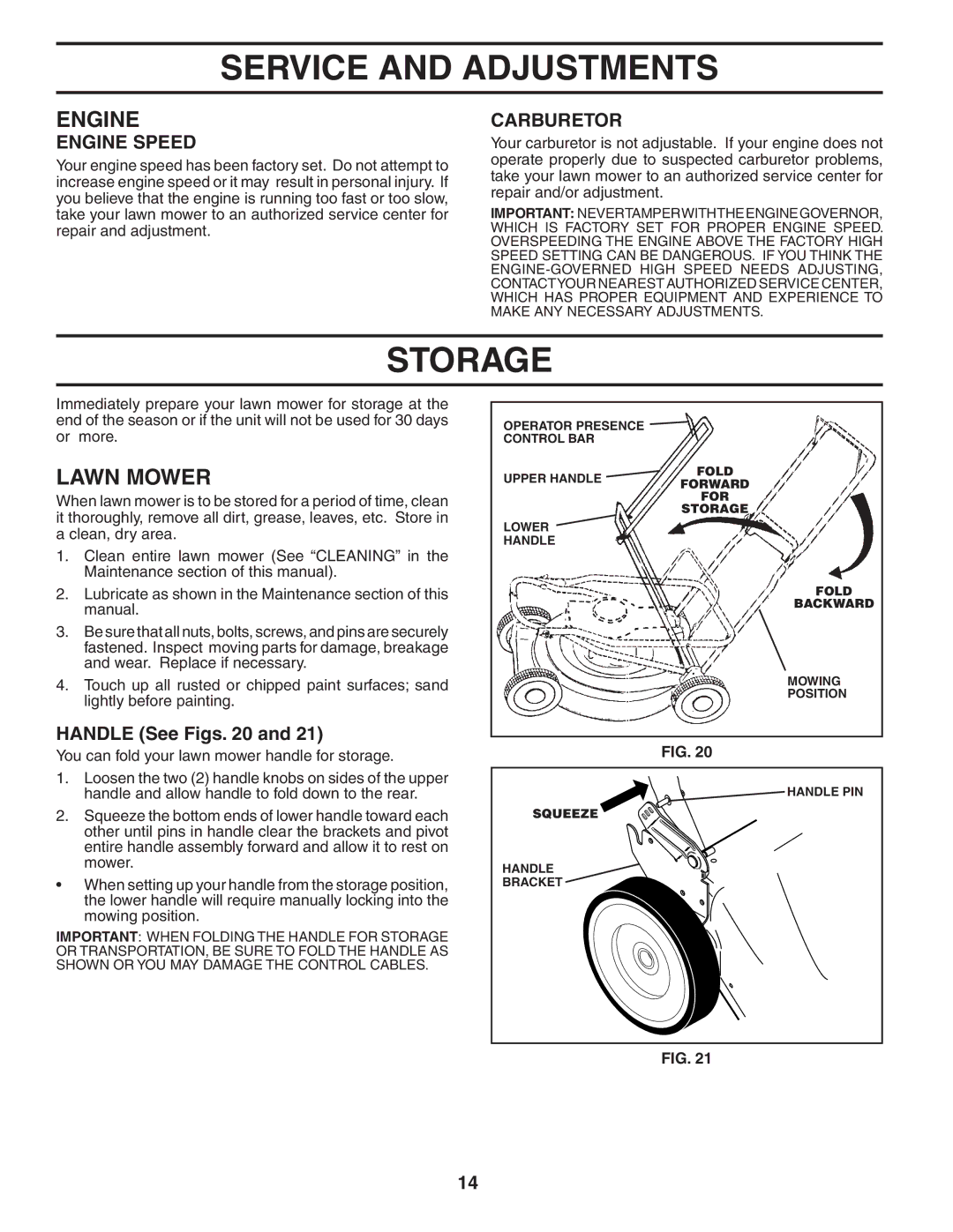 Husqvarna 5521RS owner manual Storage, Carburetor, Handle See Figs 