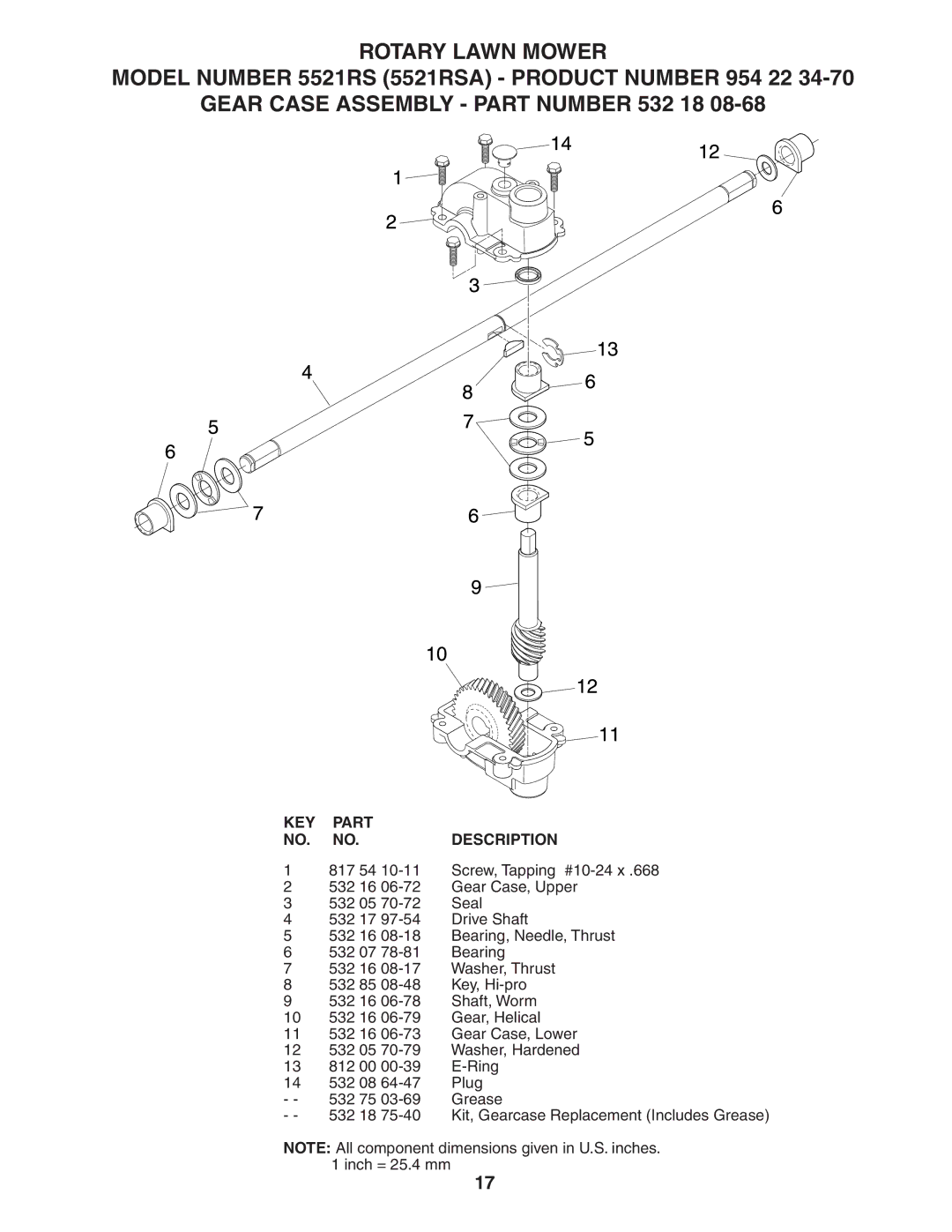 Husqvarna 5521RS owner manual Rotary Lawn Mower, Gear Case Assembly Part Number 532 18, KEY Part Description 