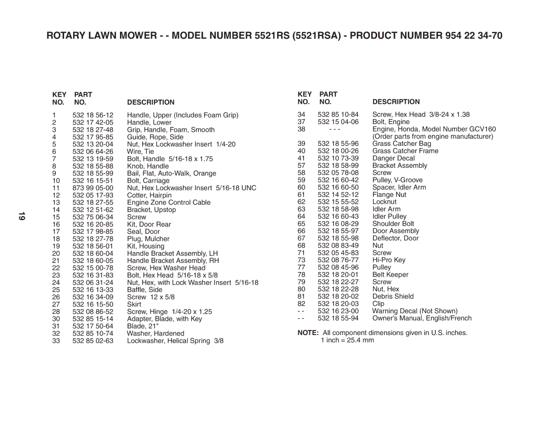 Husqvarna 5521RS owner manual KEY Part Description 