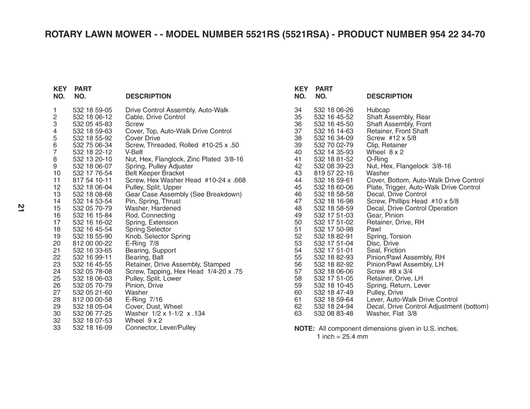 Husqvarna 5521RS owner manual KEY Part Description 