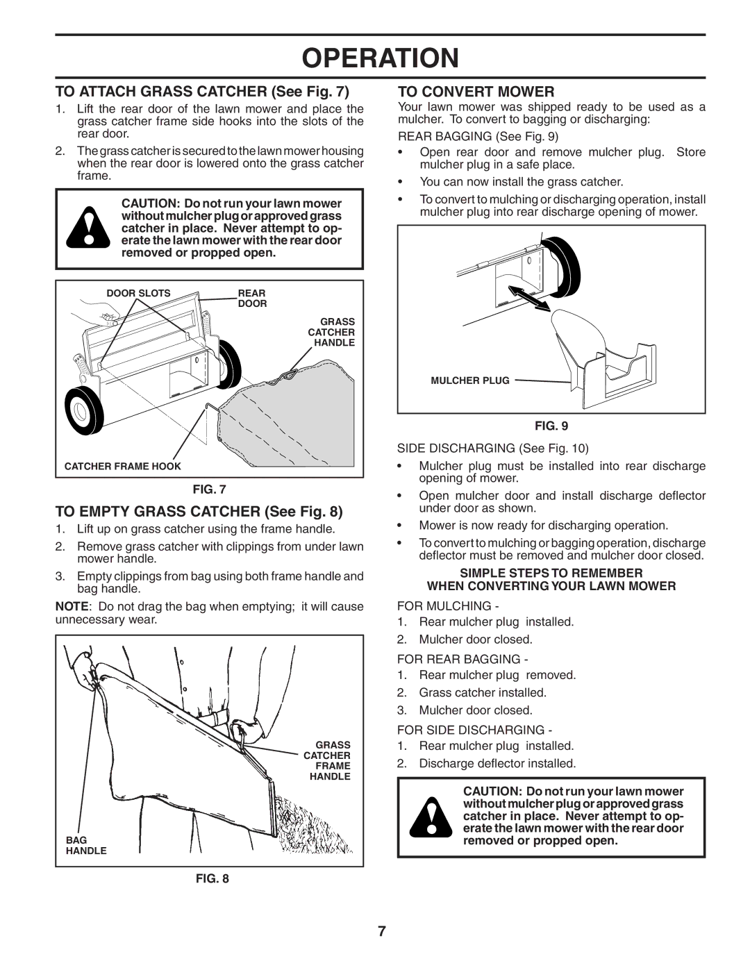 Husqvarna 5521RS owner manual To Attach Grass Catcher See Fig, To Empty Grass Catcher See Fig, To Convert Mower 